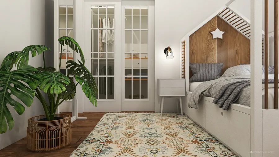 Farmhouse Bohemian WabiSabi WoodTones White EarthyTones Bedroom 3d design renderings