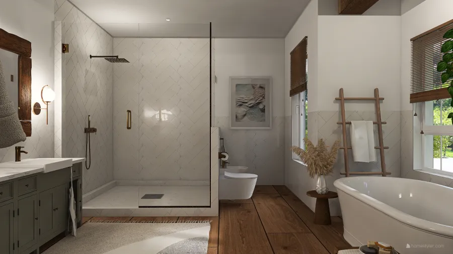 Farmhouse Bohemian WabiSabi WoodTones White EarthyTones Master Bathroom 3d design renderings