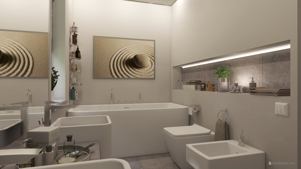 Bauhaus Contemporary Beige Grey EarthyTones Master Bathroom 3d design renderings