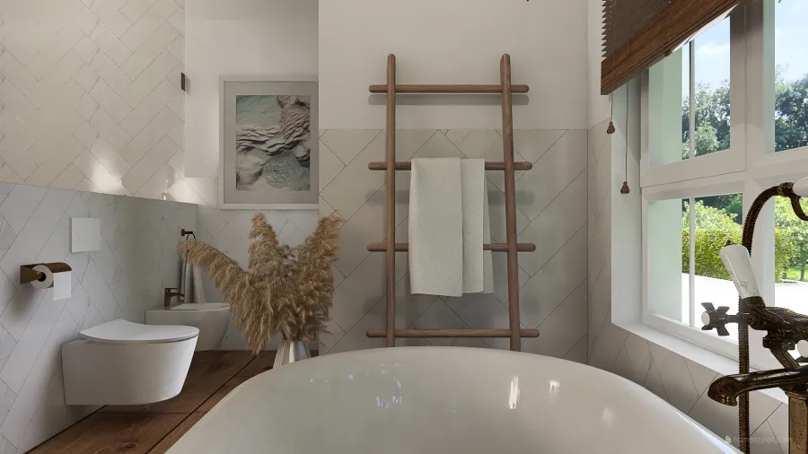 Farmhouse Bohemian WabiSabi WoodTones White EarthyTones Master Bathroom 3d design renderings