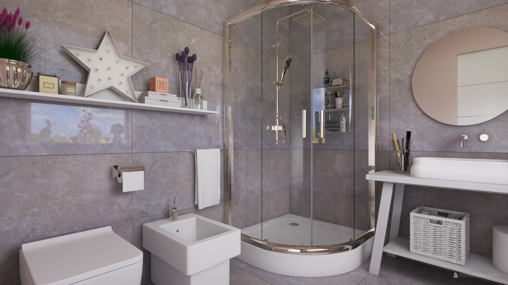 Bauhaus Contemporary Beige Grey EarthyTones Second Bathroom 3d design renderings