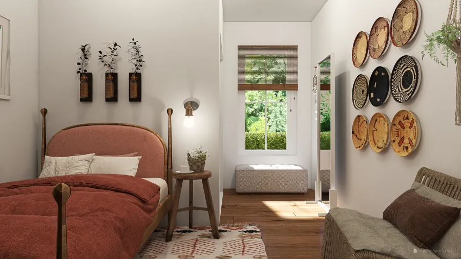 Farmhouse Bohemian WabiSabi WoodTones White EarthyTones Bedroom2 3d design renderings