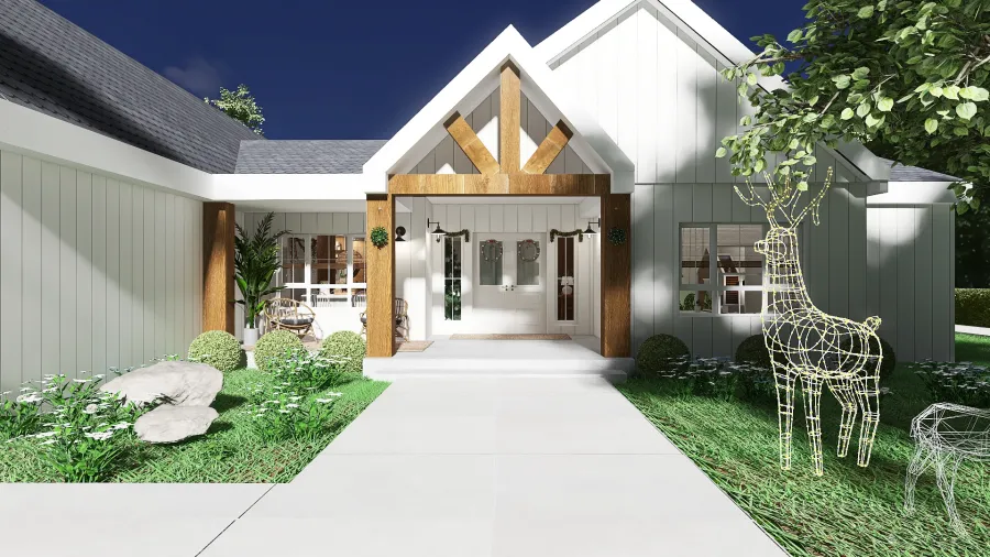 Farmhouse Bohemian WabiSabi WoodTones White EarthyTones porch 3d design renderings