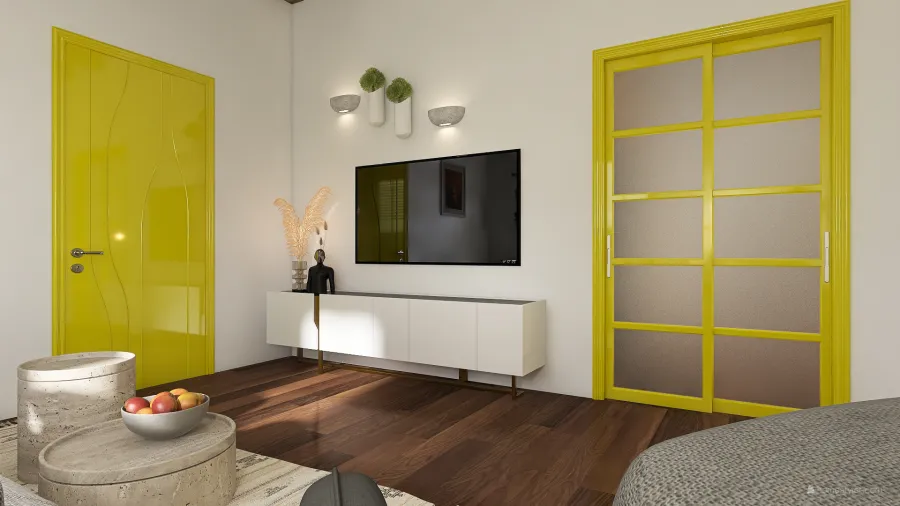 Modern Rustic Yellow WoodTones White Living Room1 3d design renderings