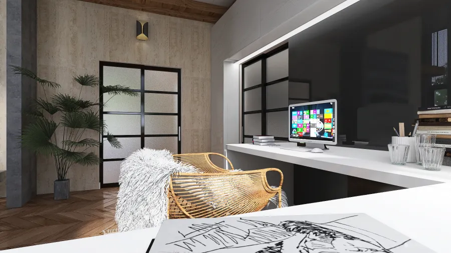 Modern Industrial Rustic WabiSabi Reforma de casa  de campo Black WoodTones Grey Purple 3d design renderings