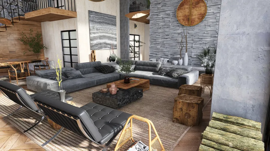 Modern Industrial Rustic WabiSabi Reforma de casa  de campo Black WoodTones Grey Purple 3d design renderings