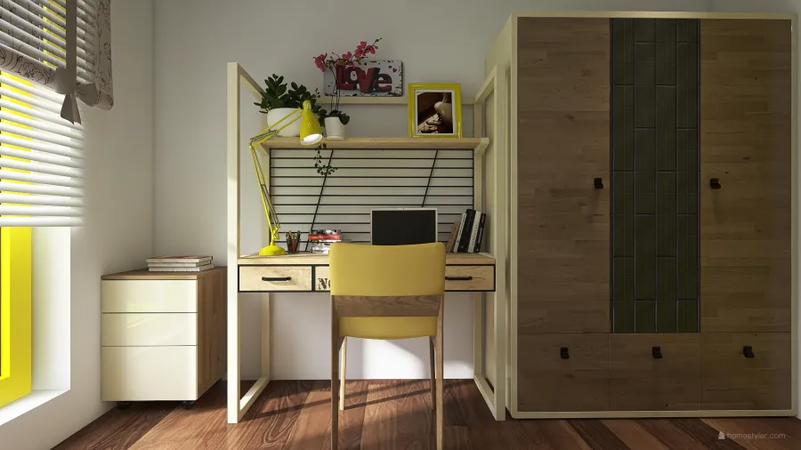 Modern Rustic Yellow WoodTones White Kids Room 3d design renderings