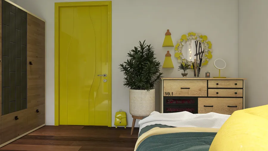 Modern Rustic Yellow WoodTones White Kids Room 3d design renderings