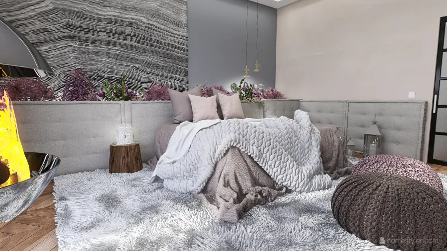 Modern Industrial Rustic WabiSabi Black WoodTones Grey Purple Dormitorio principal 3d design renderings