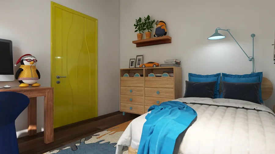 Modern Rustic Yellow WoodTones White Kids Room1 3d design renderings