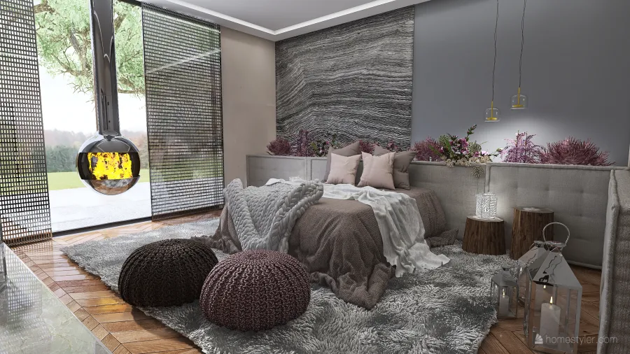 Modern Industrial Rustic WabiSabi Black WoodTones Grey Purple Dormitorio principal 3d design renderings