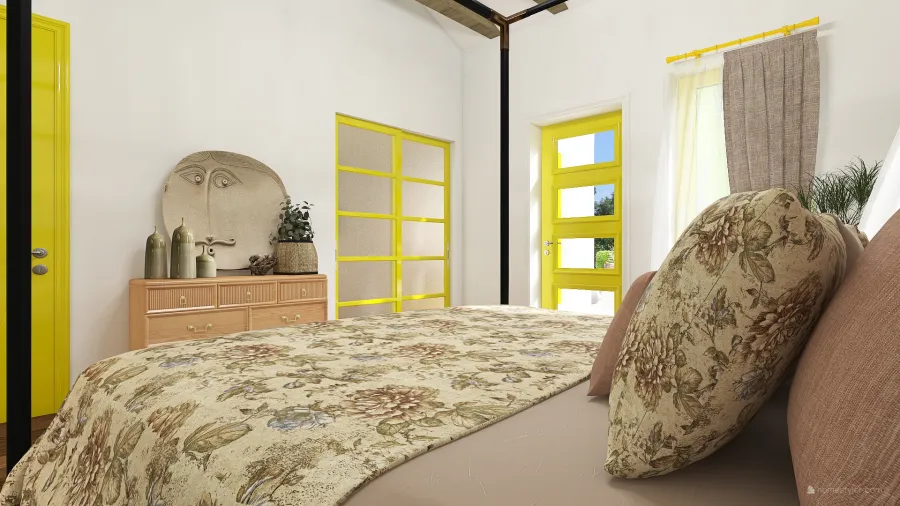 Modern Rustic Yellow WoodTones White Master Bedroom 3d design renderings