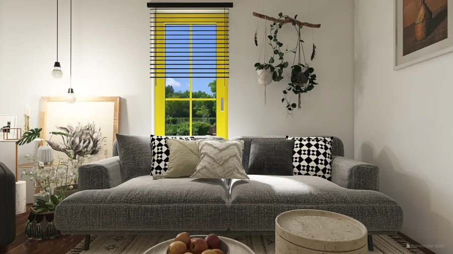Modern Rustic Yellow WoodTones White Living Room1 3d design renderings