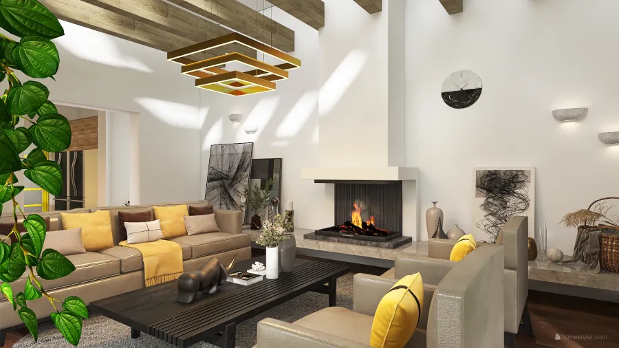 Modern Rustic Yellow WoodTones White Living Room 3d design renderings
