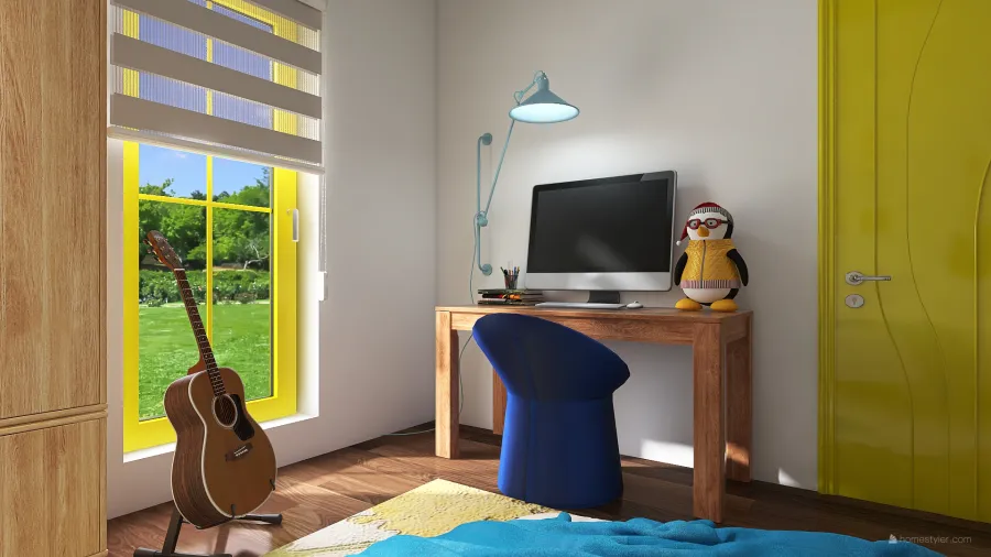 Modern Rustic Yellow WoodTones White Kids Room1 3d design renderings