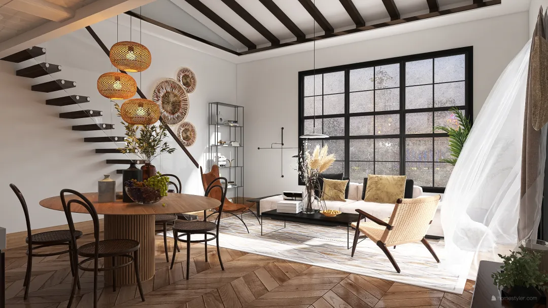 Bauhaus Contemporary Rustic Studio Apartment EarthyTones Black White 3d design renderings