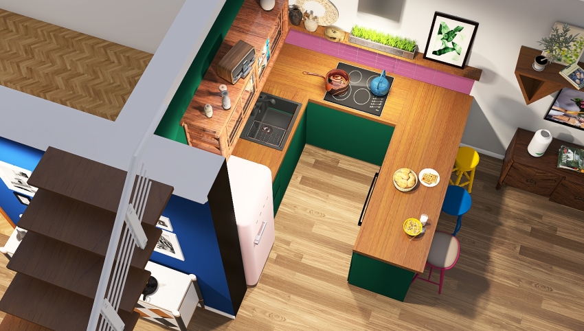 Version 2 Boho livingroom with kitchen 3d design picture 114.5