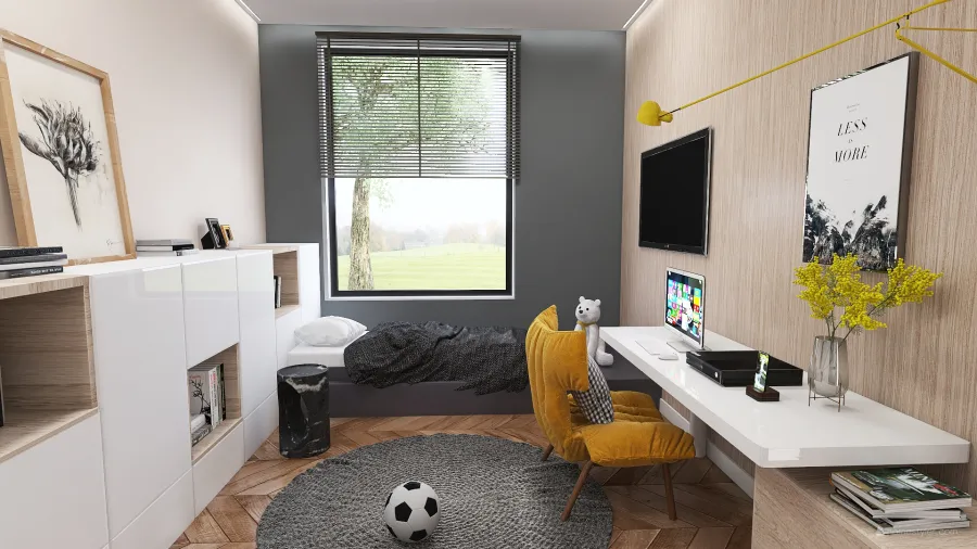 Modern Industrial Rustic WabiSabi Black WoodTones Grey Purple Dormitorio infantil 3d design renderings