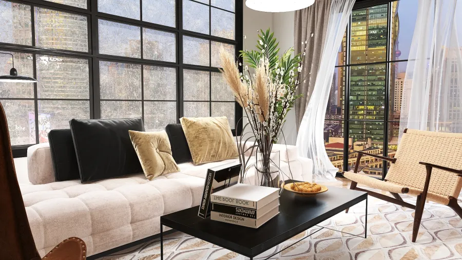 Bauhaus Contemporary Rustic EarthyTones Black White Living Room 3d design renderings