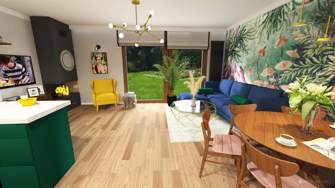 Version 2 Boho livingroom with kitchen 3d design renderings