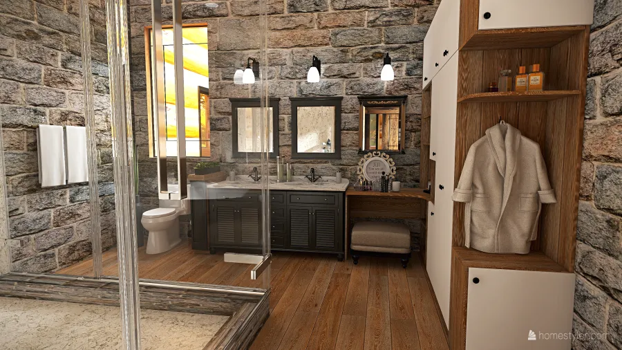 Farmhouse Rustic WoodTones Black Master Bath (U) / Gym (l) 3d design renderings