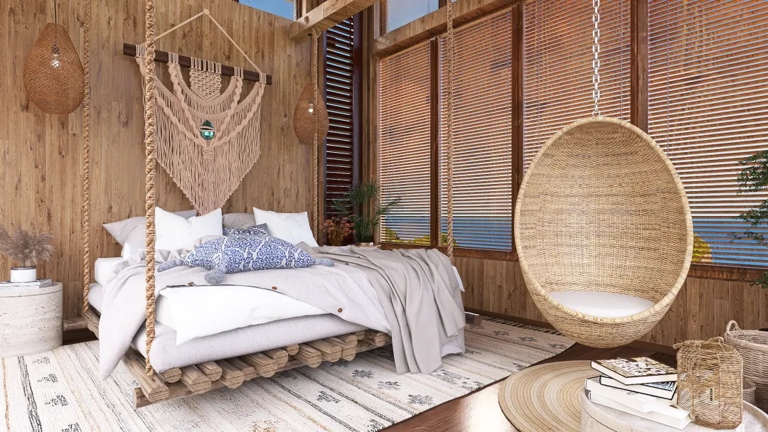 Rustic WabiSabi Two Tiny Homes Connected by a Central Sunroom WoodTones 3d design renderings