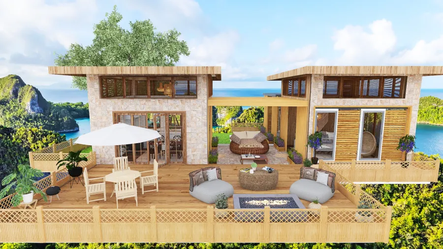 Rustic WabiSabi Two Tiny Homes Connected by a Central Sunroom WoodTones 3d design renderings