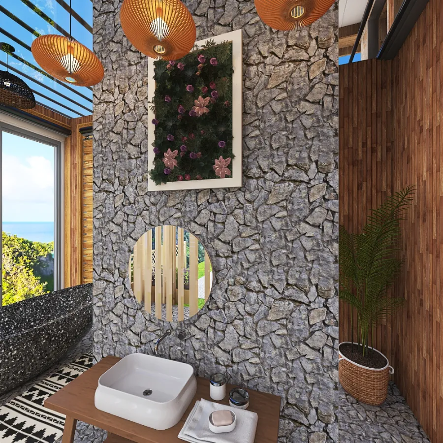 Rustic WabiSabi WoodTones Bathroom 3d design renderings