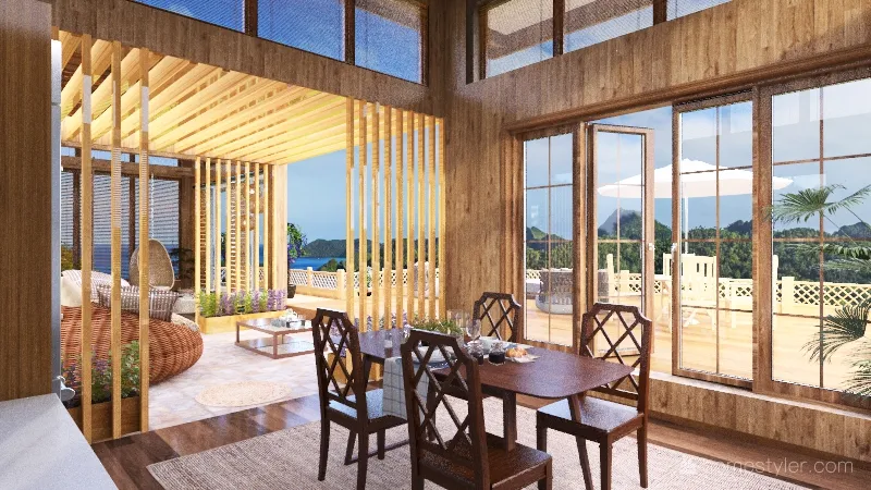 Rustic WabiSabi WoodTones Dining Room 3d design renderings