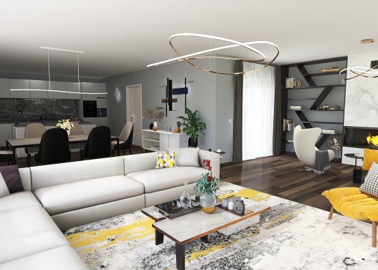 Living room with dining area and kitchen Design Rendering