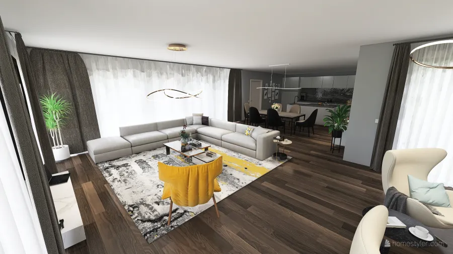 Living room with dining area and kitchen 3d design renderings