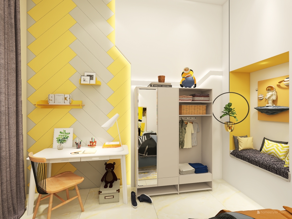 Contemporary Yellow White Kids Room 3d design renderings
