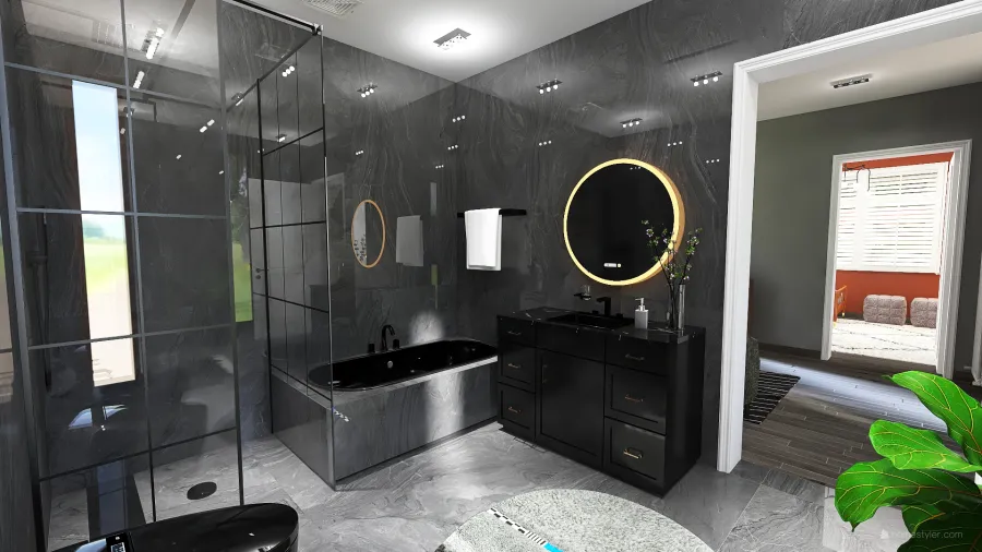 Modern White Grey Red Black Master Bathroom 3d design renderings