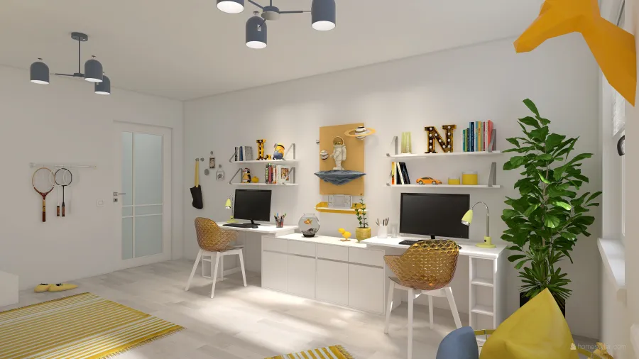 Contemporary White Yellow Green Orange ColdTones Second Bedroom 3d design renderings