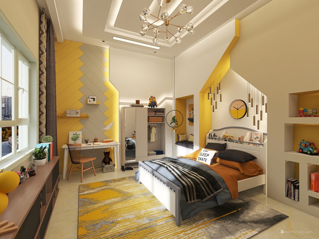Contemporary Yellow White Kids Room 3d design renderings