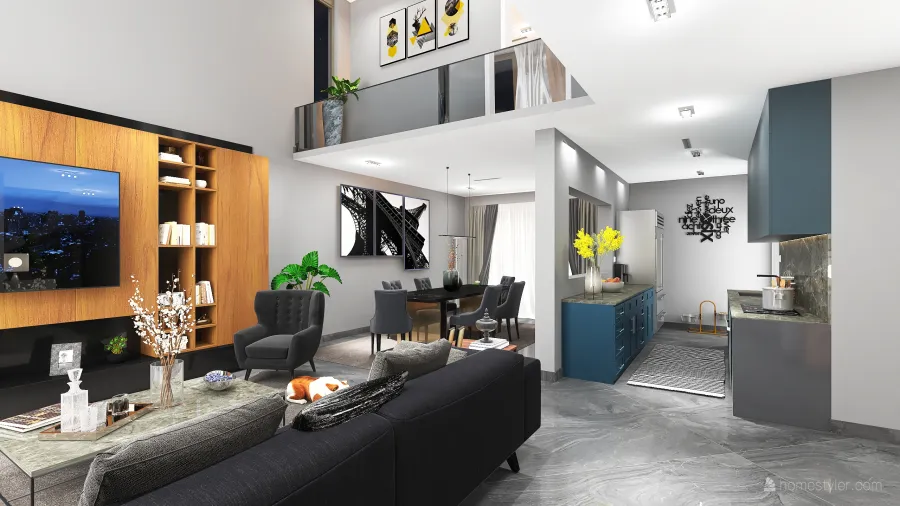 Modern White Grey Red Black Living and Dining Room 3d design renderings