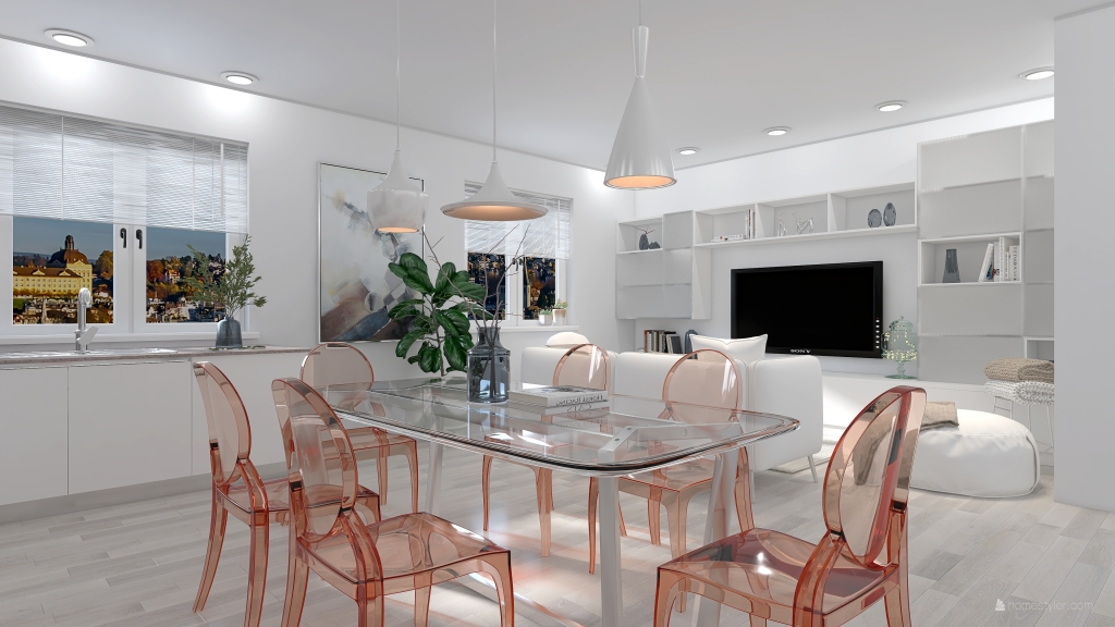 Contemporary White Yellow Green Orange ColdTones Living and Dining Room 3d design renderings