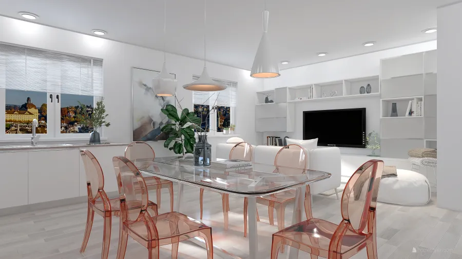 Contemporary White Yellow Green Orange ColdTones Living and Dining Room 3d design renderings