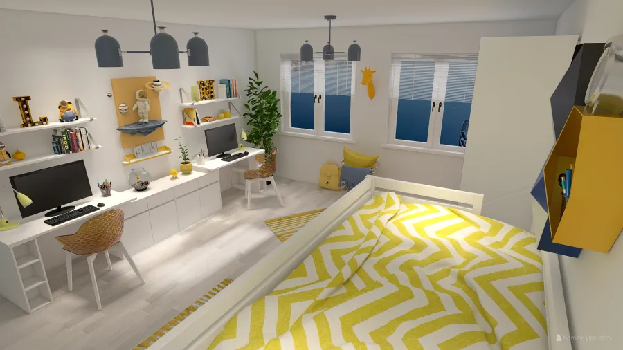Contemporary White Yellow Green Orange ColdTones Second Bedroom 3d design renderings