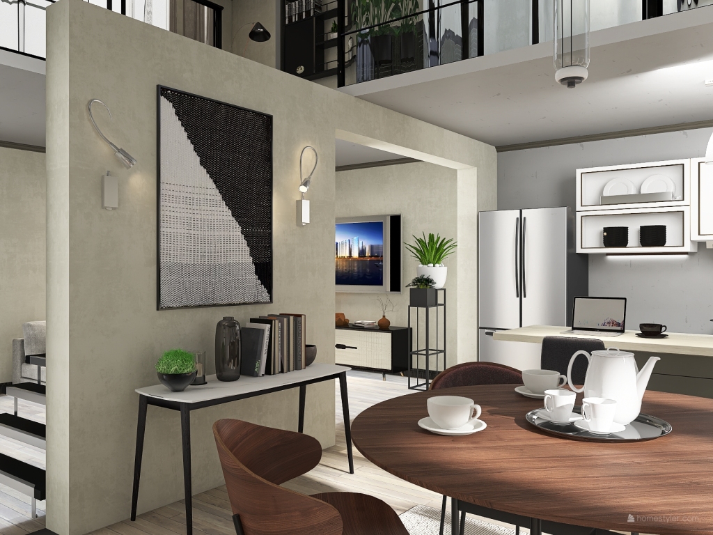 Bauhaus Contemporary Black White Living and Dining Room 3d design renderings