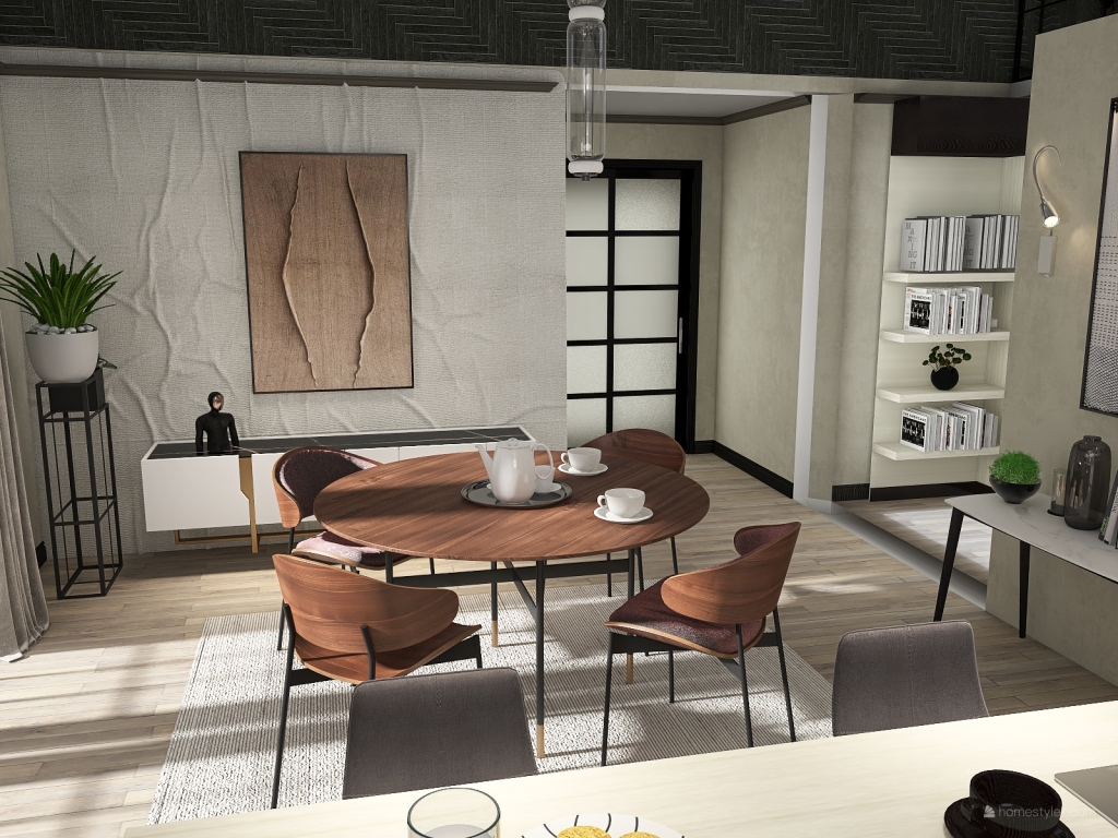 Bauhaus Contemporary Black White Living and Dining Room 3d design renderings