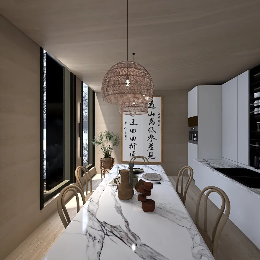 Asian WabiSabi Black snow house getaway WoodTones Grey Black 3d design renderings