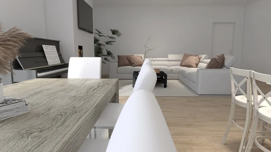 Contemporary Modern White Kitchen, Living, & Dining Room 3d design renderings