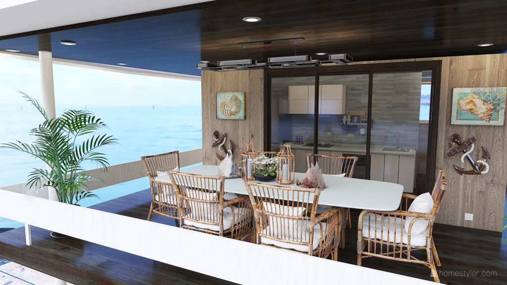 Costal Mediterranean Bohemian Tiny Houseboat in the Harbor Blue Green WoodTones 3d design renderings