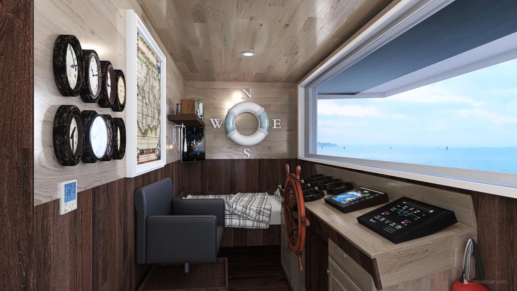 Costal Mediterranean Bohemian Tiny Houseboat in the Harbor Blue Green WoodTones 3d design renderings