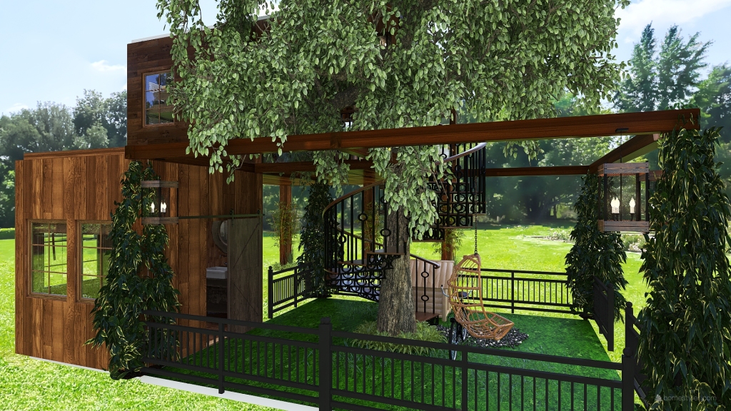Rustic Farmhouse Tiny Treehouse Green WoodTones Blue 3d design renderings