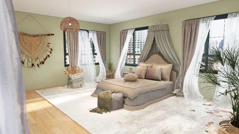 Boho Bedroom with private bath 3d design renderings