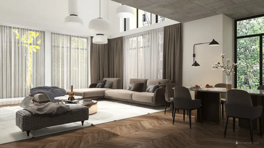 Contemporary Multi Floor Demo 3 - Living room with tall ceiling EarthyTones 3d design renderings