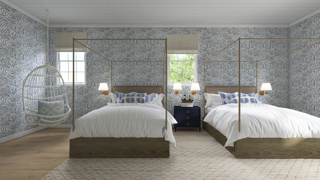 Contemporary Costal White Blue Beige Master Bedroom1 3d design renderings