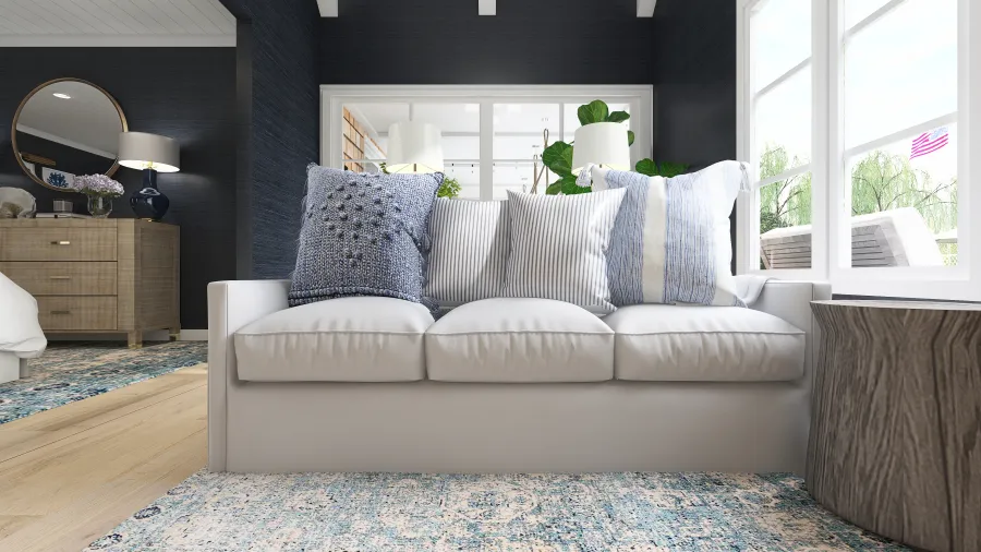 Contemporary Costal White Blue Beige Master Bedroom 3d design renderings